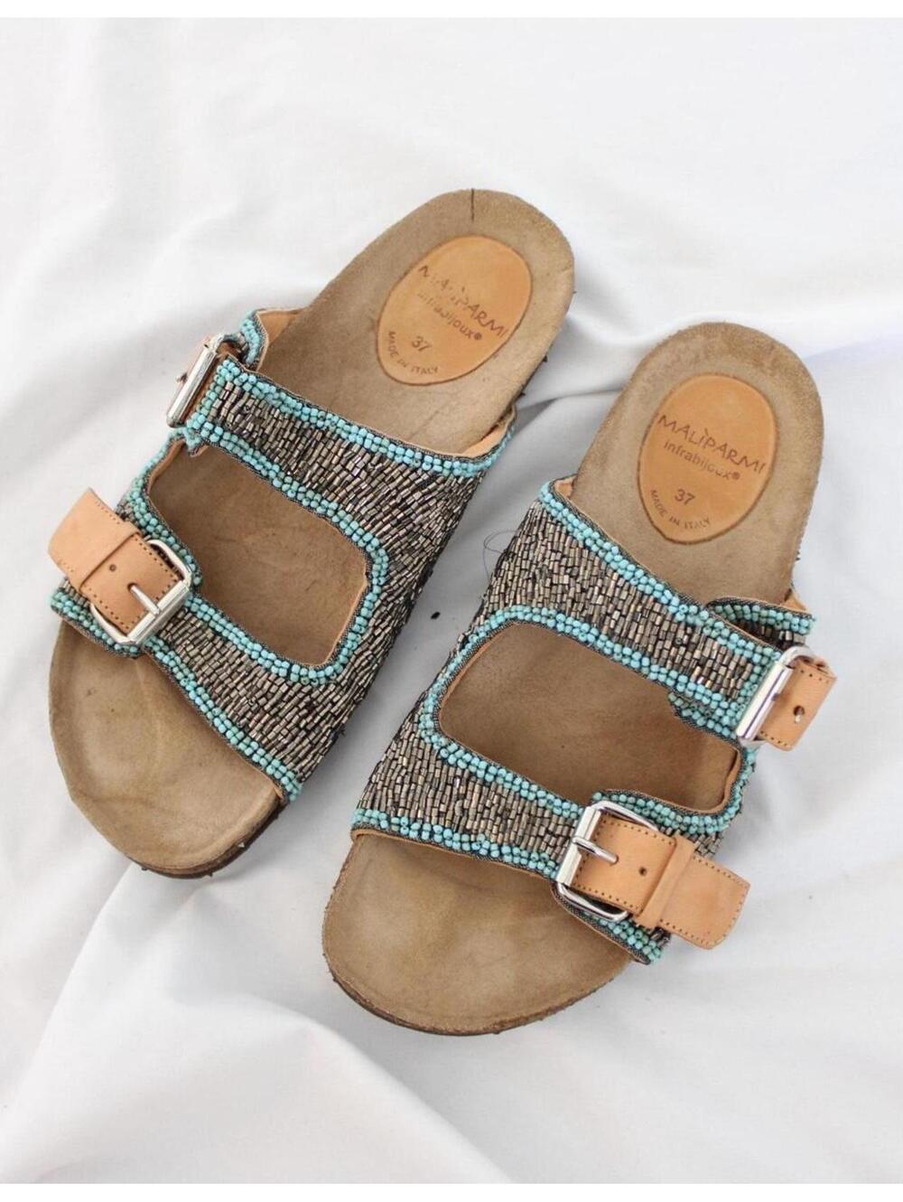 Maliparmi Women's Tan and Turquoise Beaded Sandals with cork footbed. Size 7